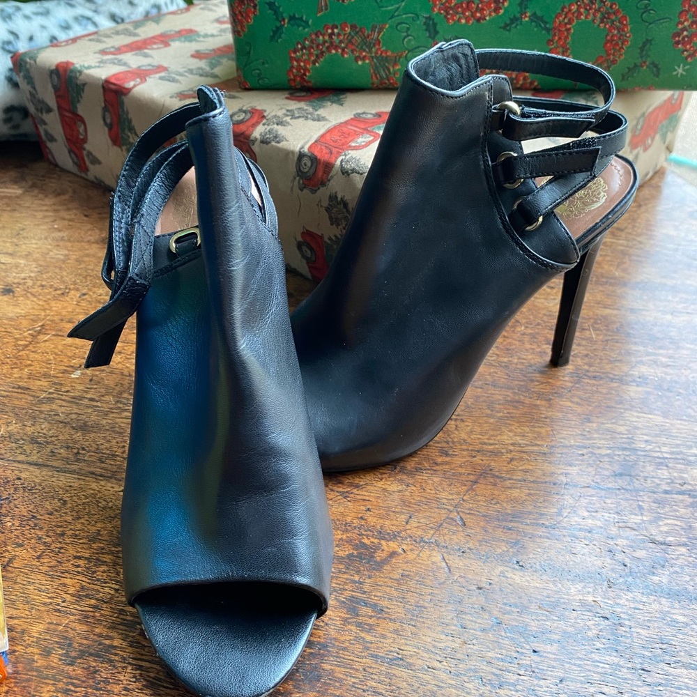 Vince Camuto Black Peep-Toe Leather Stiletto Booties
